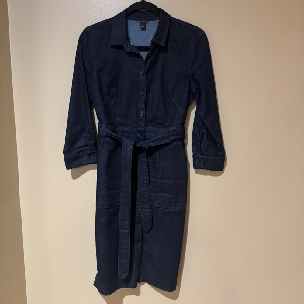 Ann Taylor Dark Rinse Denim Belted Shirt Dress